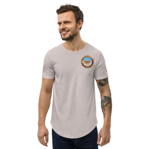 Men's Curved Hem T-Shirt, USA flag on sleeves, small logo on front and larger logo on back