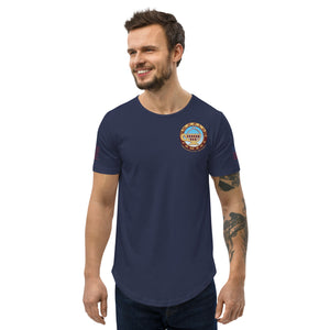 Men's Curved Hem T-Shirt, USA flag on sleeves, small logo on front and larger logo on back