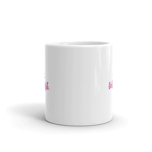 “Shhh.. Coffee First” white glossy mug, pink writing